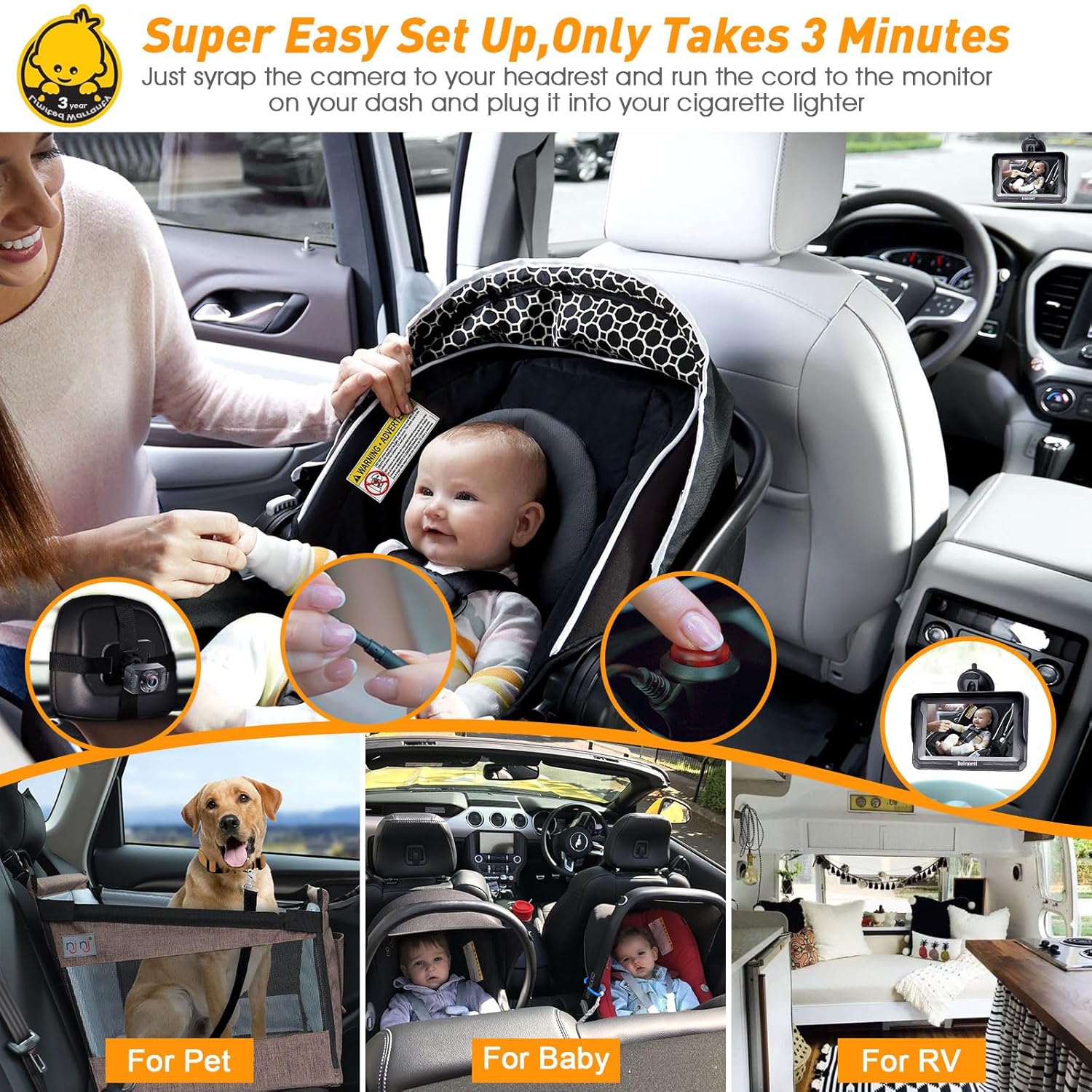 HD Baby Car Camera Monitor 1080p with Night Vision