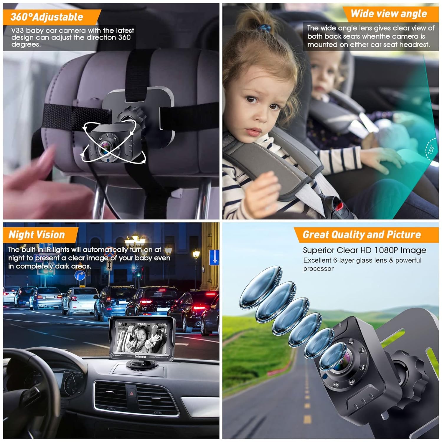HD Baby Car Camera Monitor 1080p with Night Vision