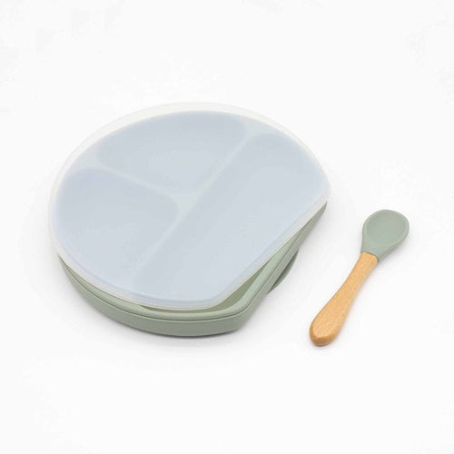 Baby Silicone Compartment Plate With Wooden Spoon | Mom Essentials