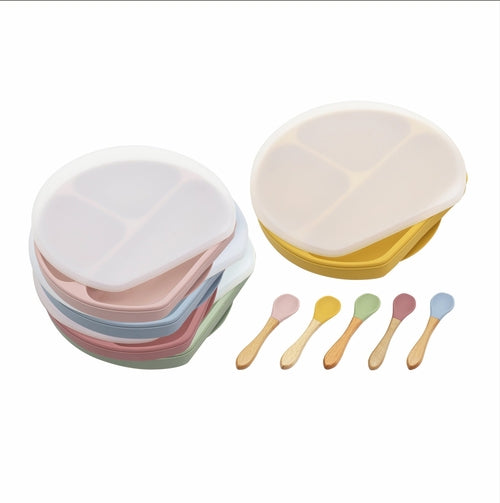 Baby Silicone Compartment Plate With Wooden Spoon | Mom Essentials
